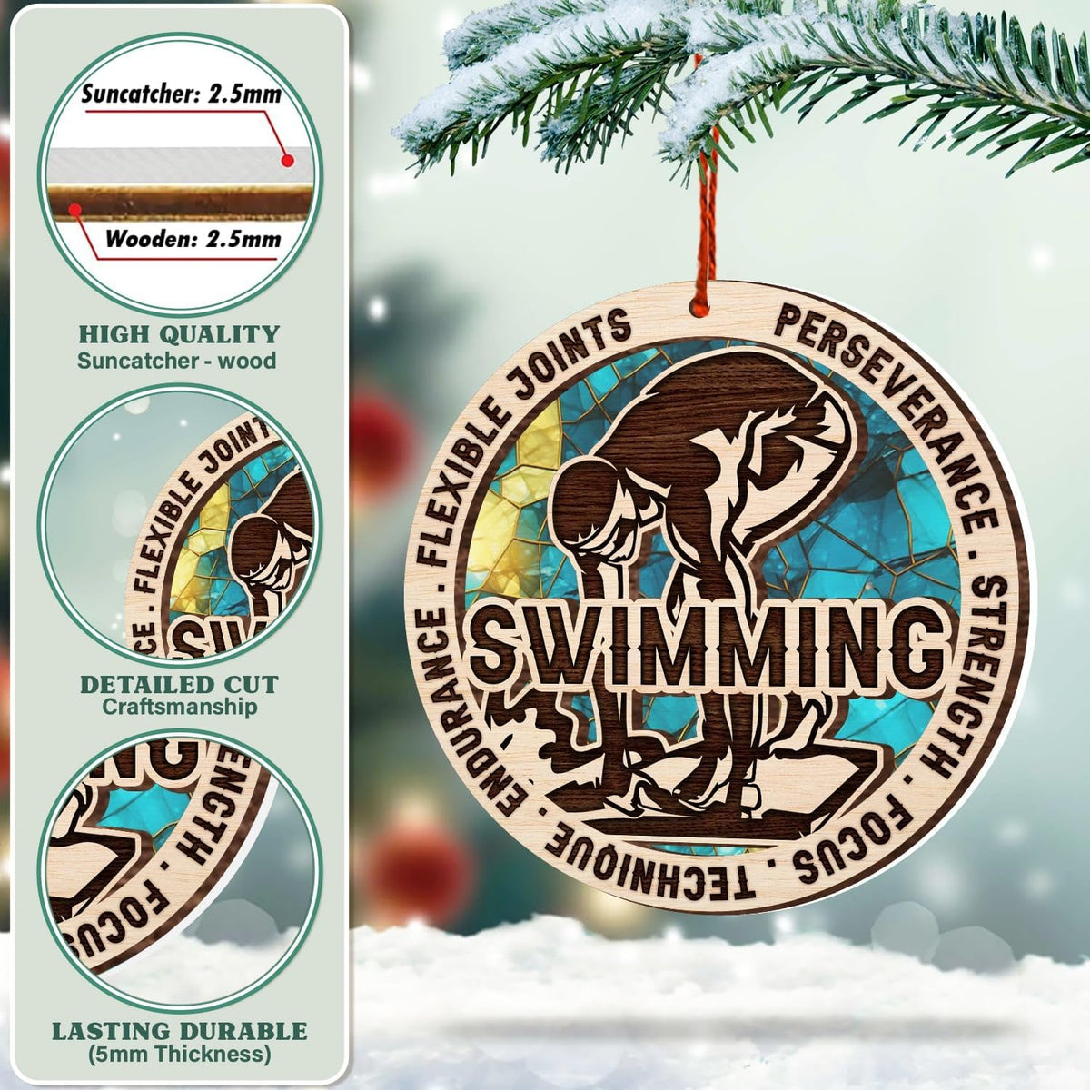 Swimming Christmas Ornament, Swimmer Tree Decor, Suncatcher Keepsake Gift for Swim Lovers, Coaches and Athletes