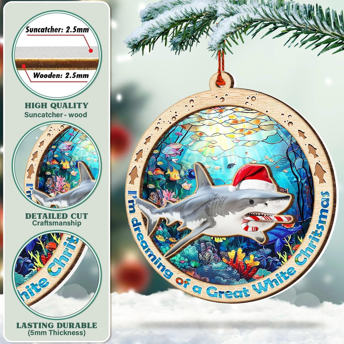 Shark Suncatcher Ornament - Christmas Tree Decorations 2024 - Gifts for Shark Lovers