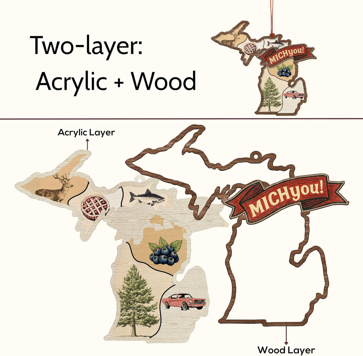 Michigan Ornament, Michigan Christmas Ornaments for Tree, Xmas Gifts, 3D Wooden Acrylic Cut Gift for State Lovers Men Women Family Friends, State Map Souvenir