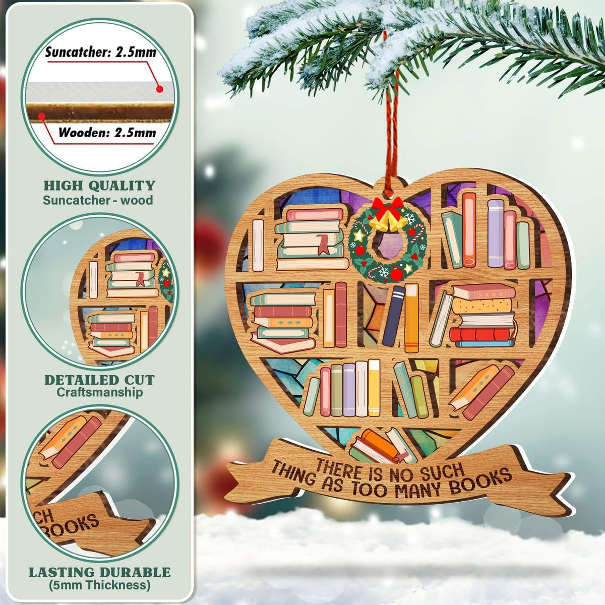 Book Lovers Christmas Ornament, Reading Theme Tree Decor, Literary Keepsake Gift for Readers, Bookworms and Librarians