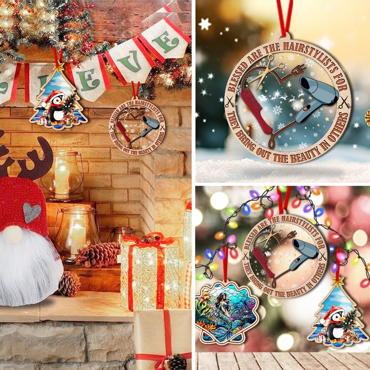 Hairdresser Christmas Ornament - 2 Layer Wood & Acrylic Decor 2024 - Gifts for Men, Women and Hairdresser Lovers - Christmas Tree Ornaments