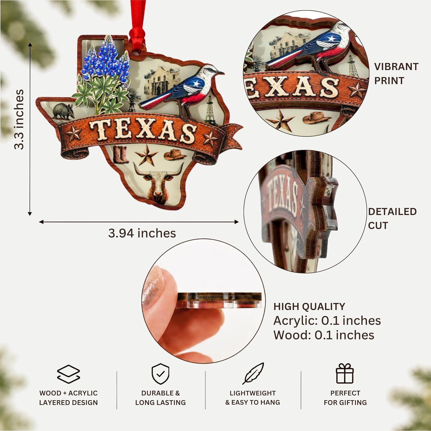 Texas Christmas Ornament 2026, Texas Christmas Ornament for Christmas Tree 2026, Wood & Acrylic Gift