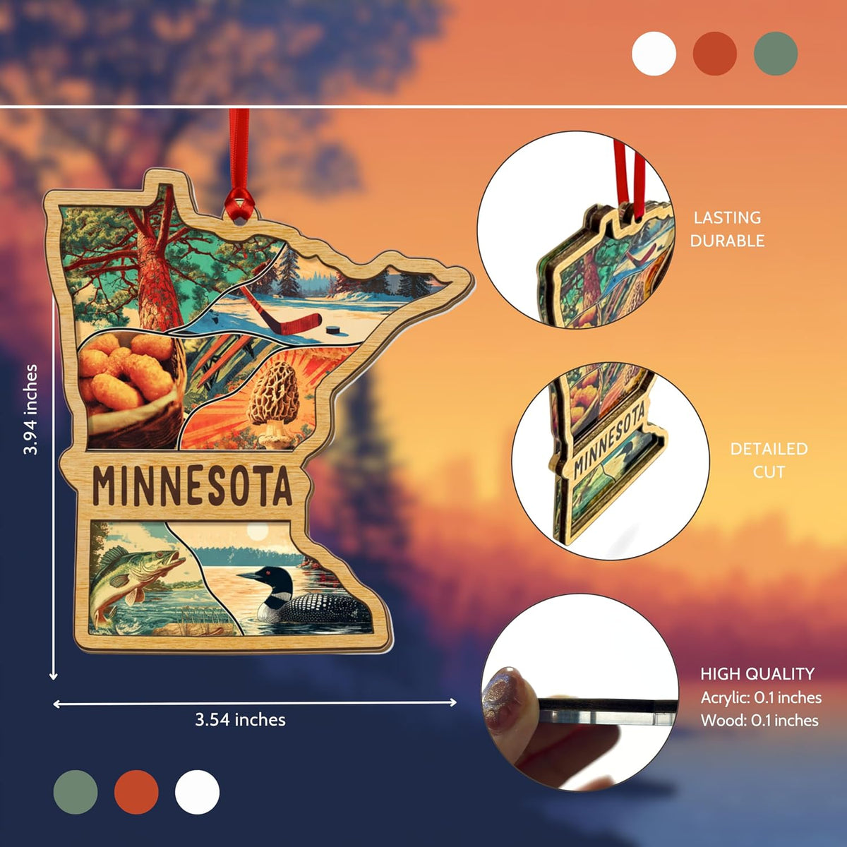 Minnesota Christmas Ornament, Layered Wood Acrylic State Decor, Unique Minnesota Ornaments for Christmas Tree, Xmas Gifts, 3D Wooden Acrylic Cut Gift for Men Women Family Friends