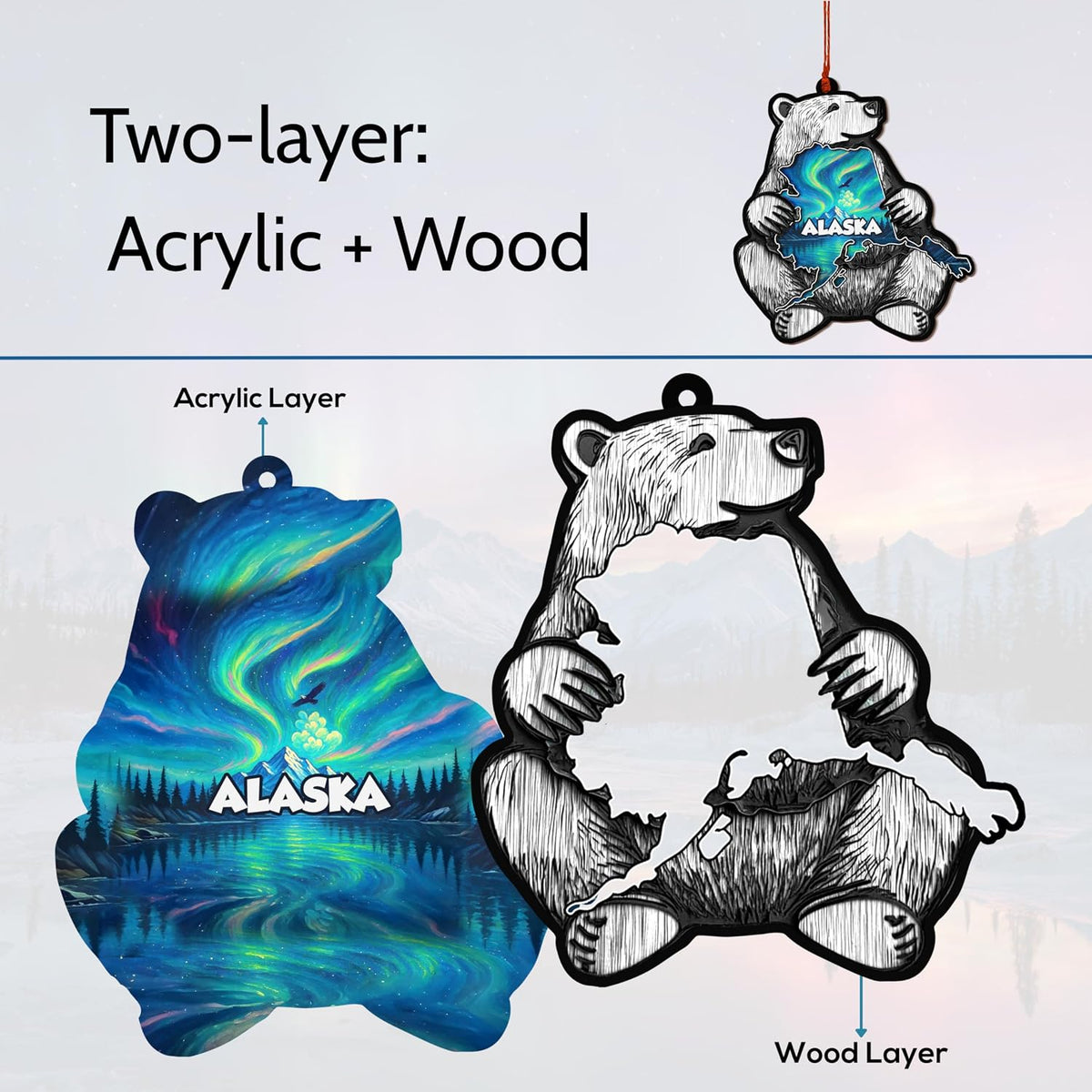 Alaska Ornament, Alaska Christmas Ornament for Christmas Tree Decoration, 3D Wooden Acrylic Cut Xmas Gifts, Souvenir Gift for State Lovers Men Women Family Friends