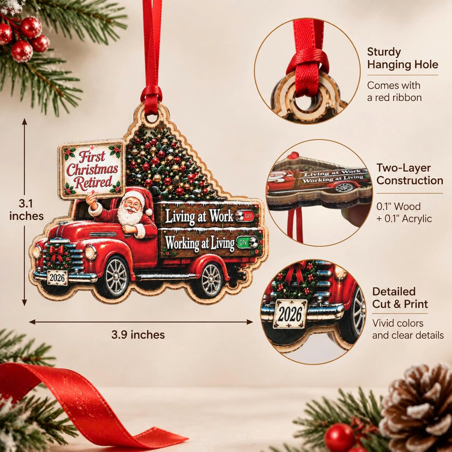 First Christmas Retired Ornament 2026, Retirement Gifts for Coworker Teacher Family, Wood Acrylic Christmas Decor