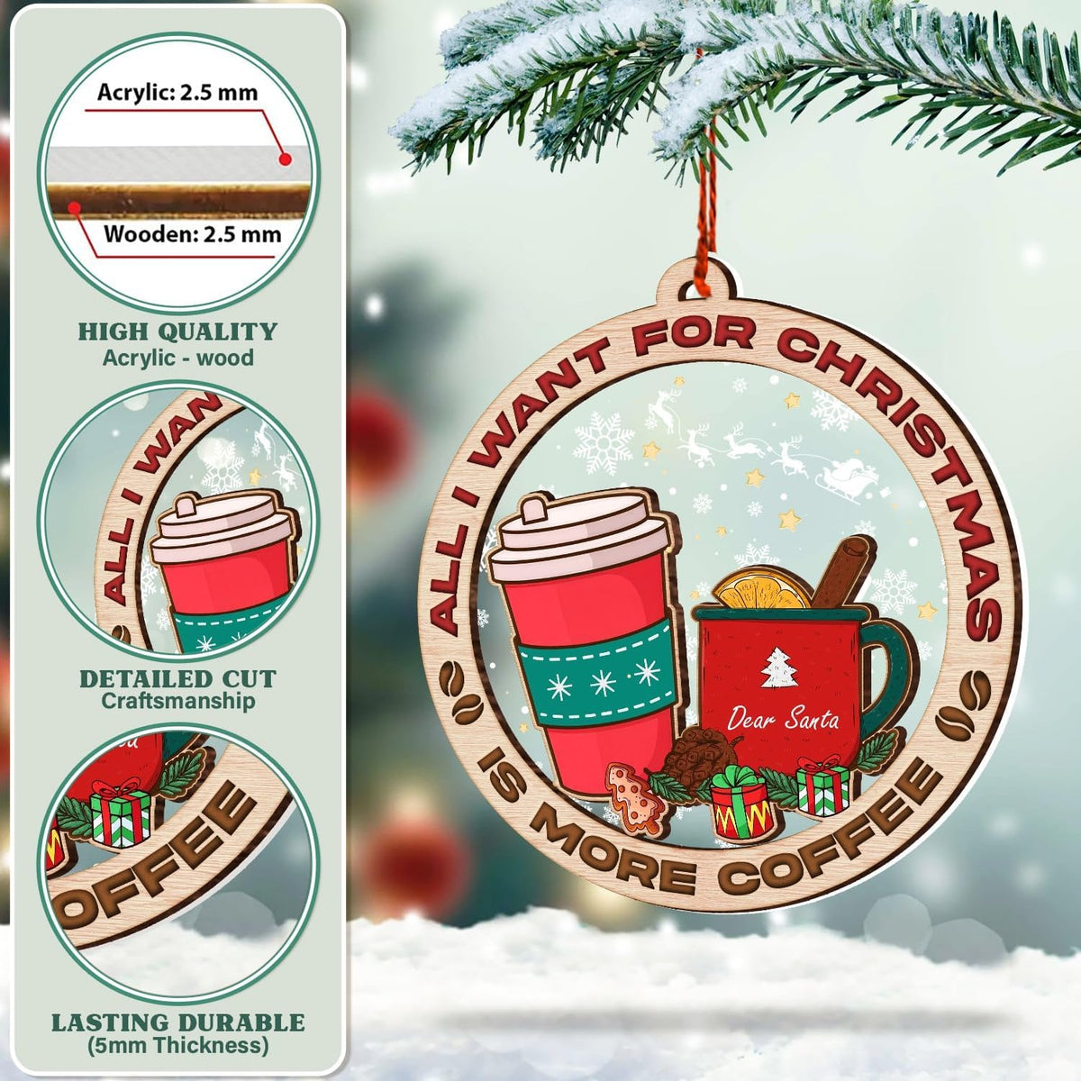 Coffee Christmas Ornament - 2 Layer Wood & Acrylic Decor 2025 - Gifts for Men, Women, Coffee Lovers - Tree Ornaments