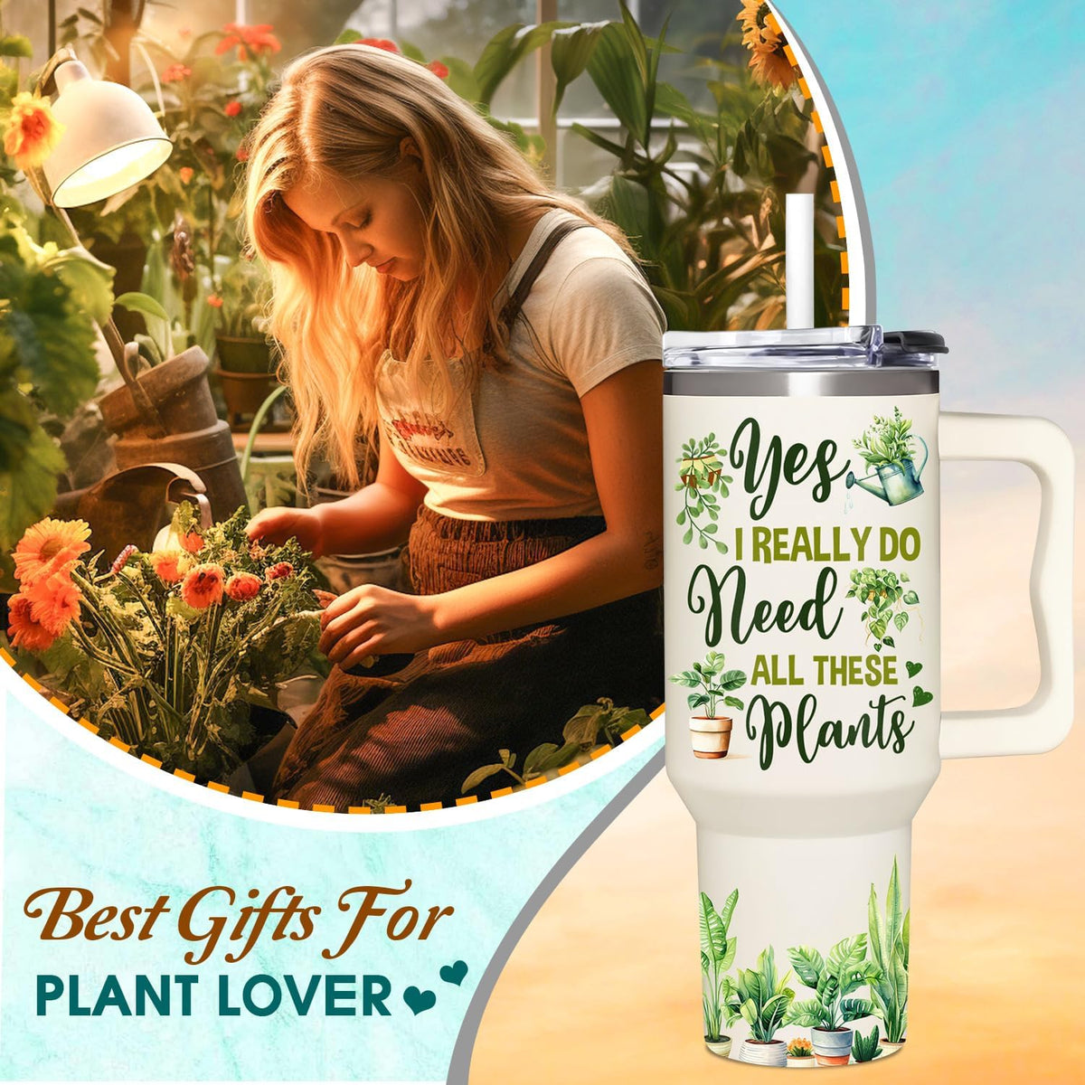 AT2Z GLOBAL Gardening Gifts For Women - Gifts For Gardeners Woman - Christmas, Birthday, Mothers Day Gift For Gardeners, Plant Lady Gift - 40Oz Tumbler With Handle & Straw
