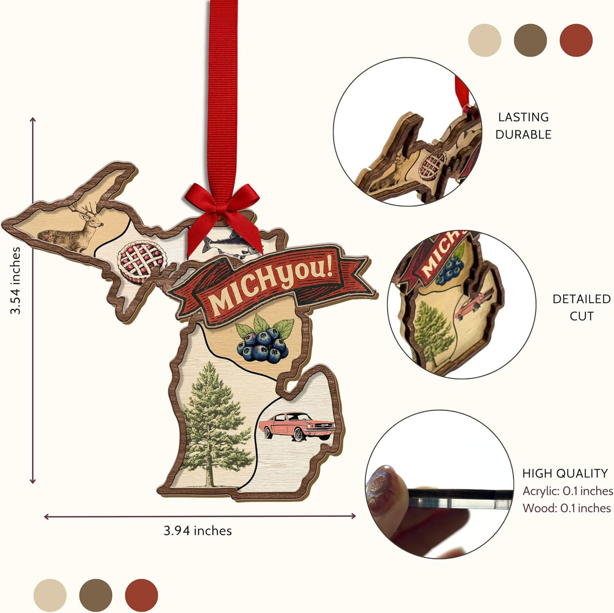 Michigan Ornament, Michigan Christmas Ornaments for Tree, Xmas Gifts, 3D Wooden Acrylic Cut Gift for State Lovers Men Women Family Friends, State Map Souvenir