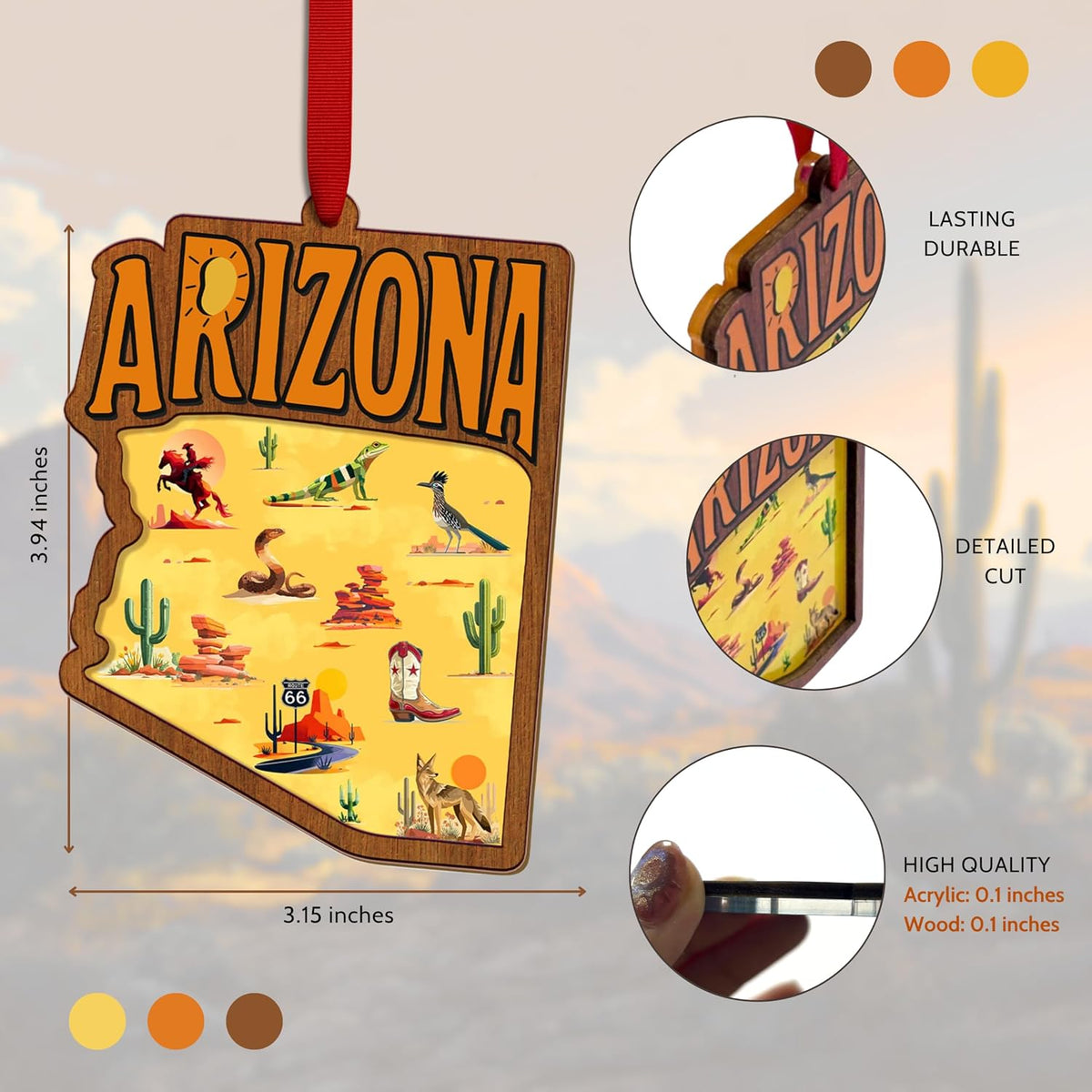 Arizona Christmas Ornament, Unique Arizona Ornaments for Christmas Tree, Southwestern Holiday Decor, Xmas Gifts, 3D Wooden Acrylic Cut State Souvenir Gift for Men Women Family Friends