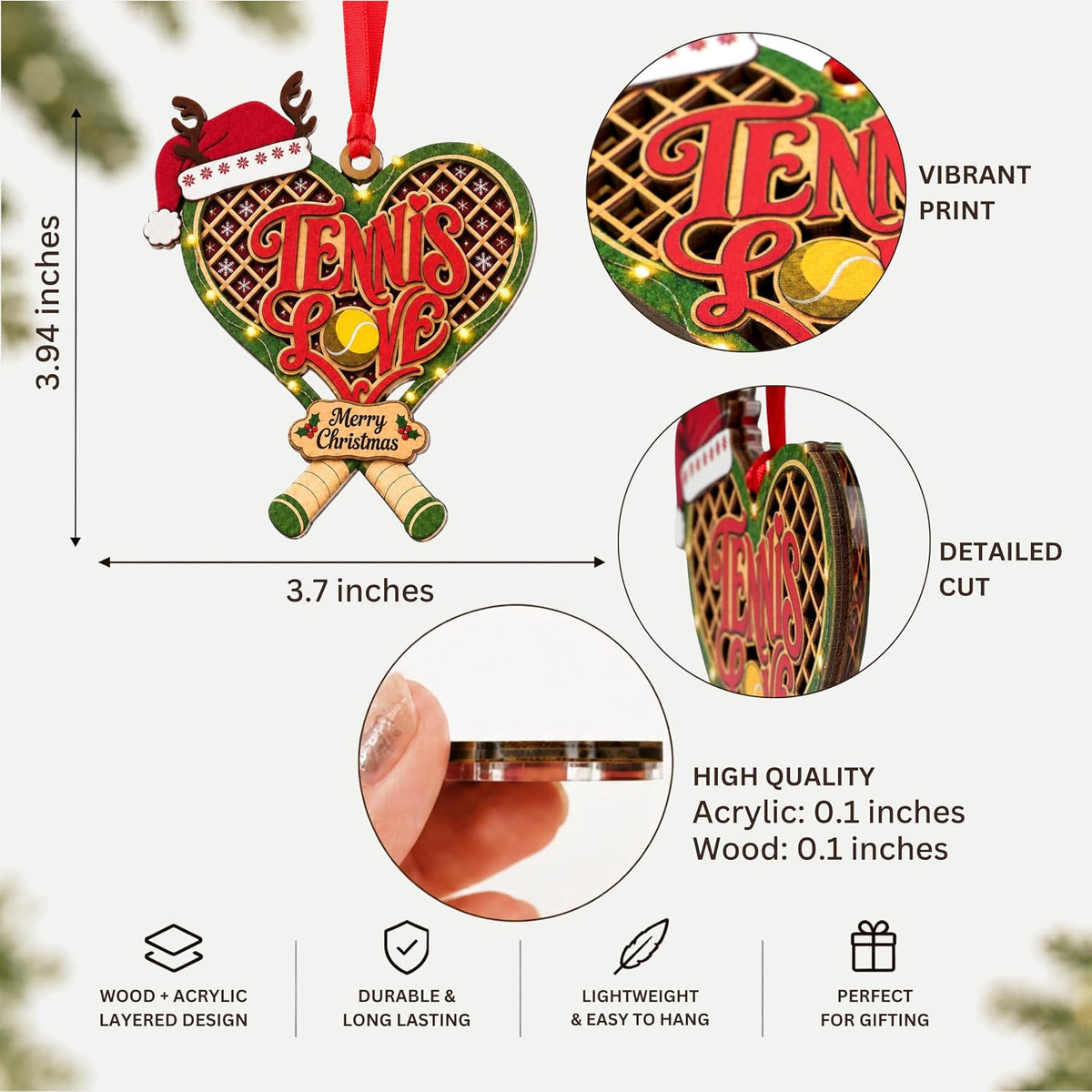 Tennis Christmas Ornament 2026, Tennis Ornaments for Christmas Tree, Wood & Acrylic Gift, Holiday Tree Decor