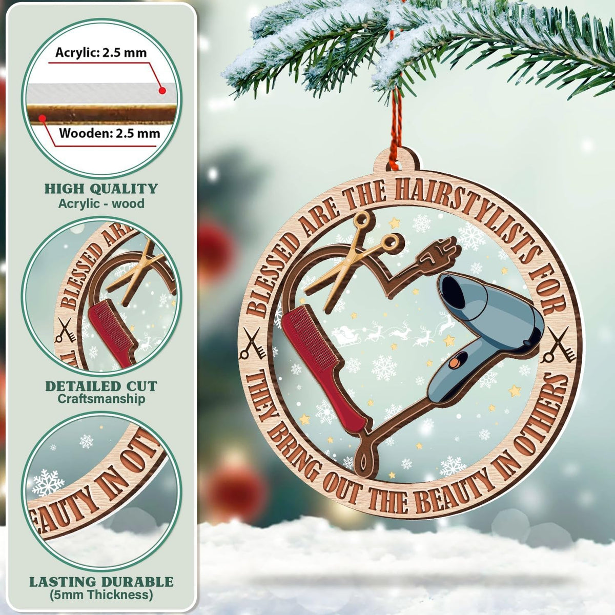 Hairdresser Christmas Ornament - 2 Layer Wood & Acrylic Decor 2024 - Gifts for Men, Women and Hairdresser Lovers - Christmas Tree Ornaments