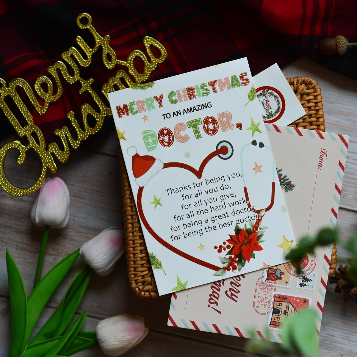 Christmas Thank You Card for Doctor with Envelope and Seal – Holiday Appreciation Greeting