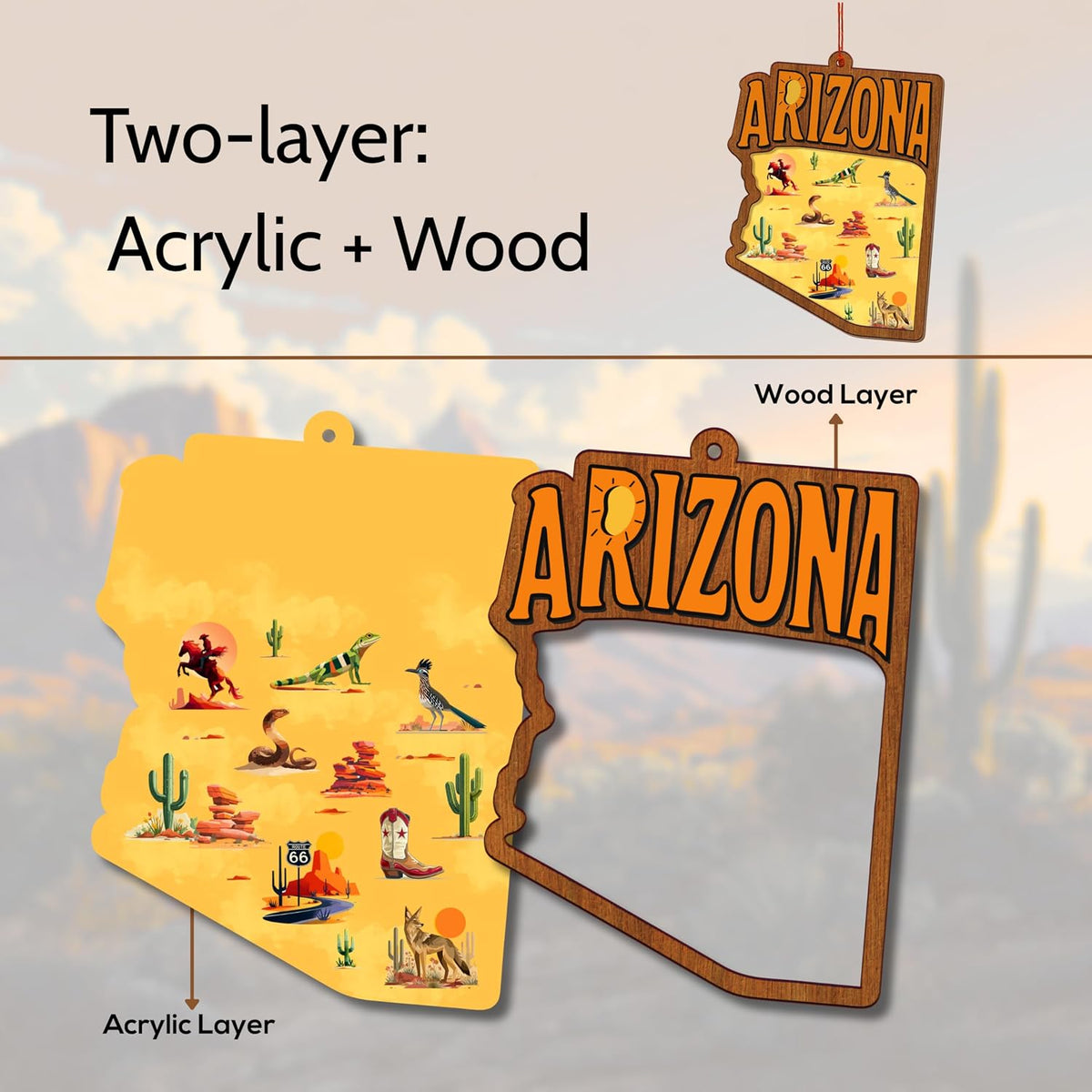 Arizona Christmas Ornament, Unique Arizona Ornaments for Christmas Tree, Southwestern Holiday Decor, Xmas Gifts, 3D Wooden Acrylic Cut State Souvenir Gift for Men Women Family Friends