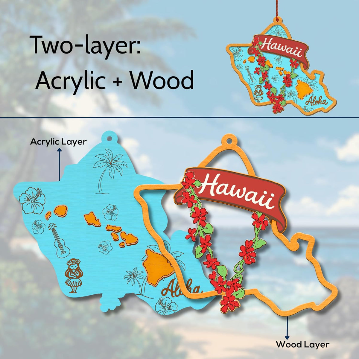 Hawaii Christmas Ornament, Hawaiian Ornaments for Christmas Tree, Hawaii Ornament Holiday Decor, 3D Wooden Acrylic Cut Xmas Gift for Men Women Family Friends, State Souvenir