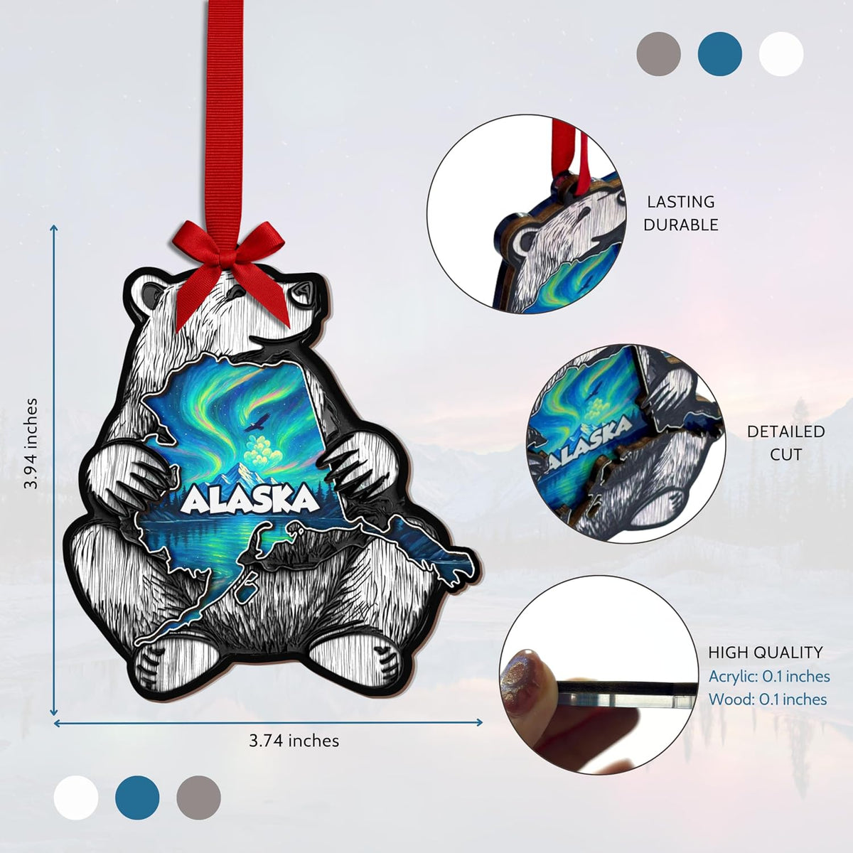 Alaska Ornament, Alaska Christmas Ornament for Christmas Tree Decoration, 3D Wooden Acrylic Cut Xmas Gifts, Souvenir Gift for State Lovers Men Women Family Friends