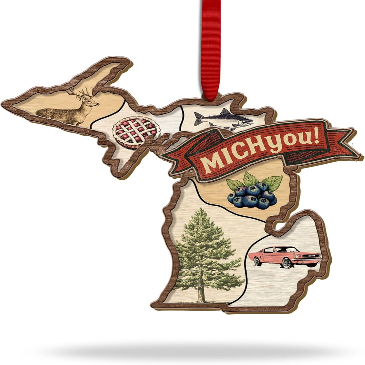 Michigan Ornament, Michigan Christmas Ornaments for Tree, Xmas Gifts, 3D Wooden Acrylic Cut Gift for State Lovers Men Women Family Friends, State Map Souvenir