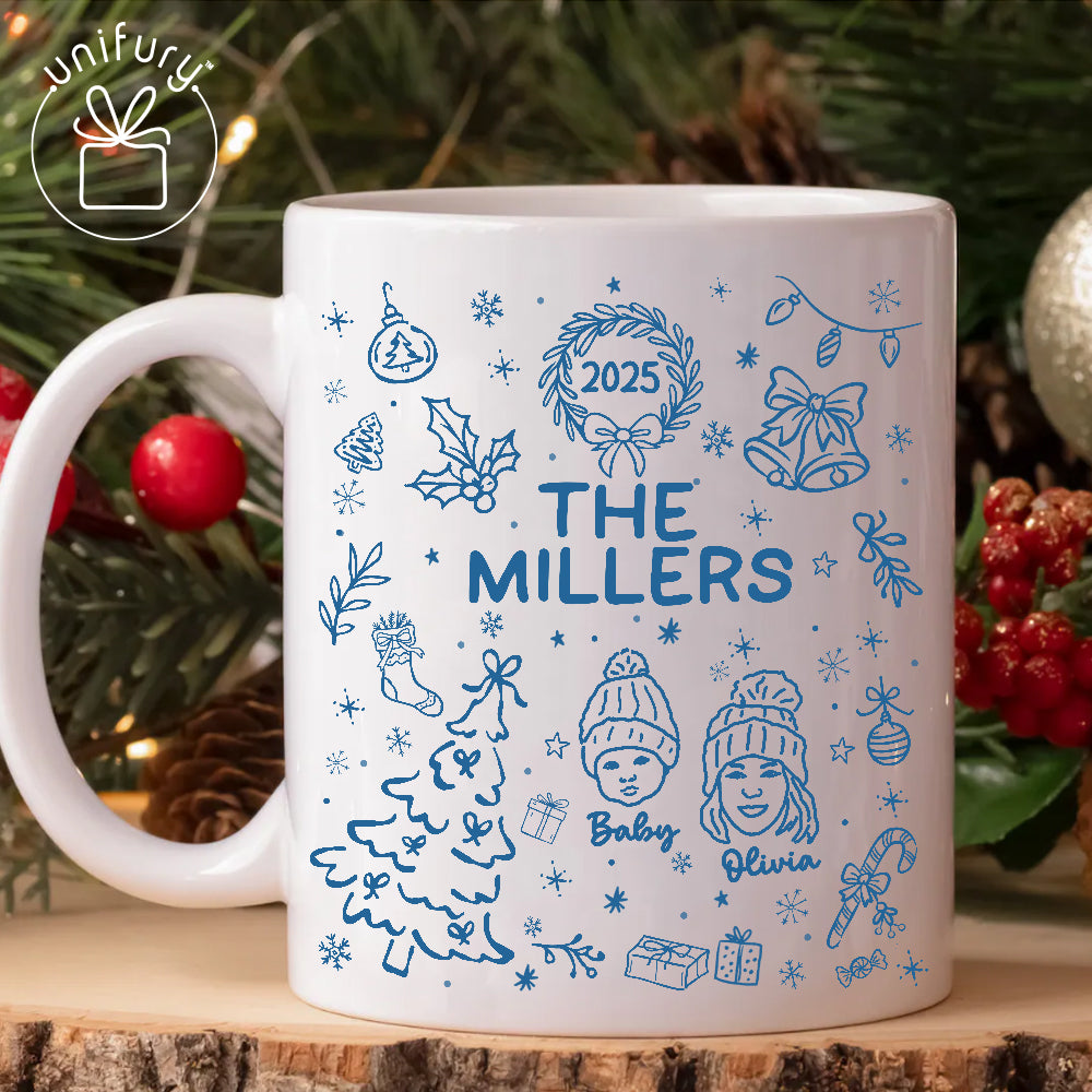 Custom Lineart Drawing Family Pet Portrait Ceramic Edge-to-Edge Mug - Christmas Mug For Family - Christmas Gift For Family
