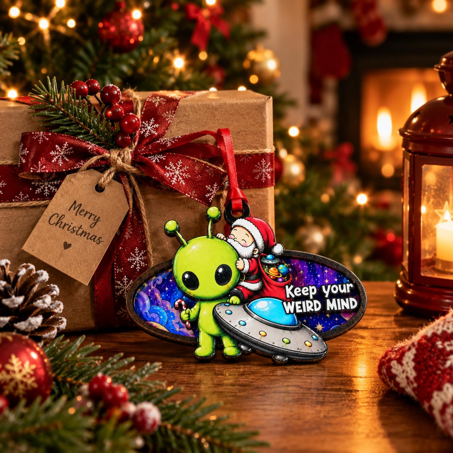 Alien Christmas Ornament 2026, Alien Ornaments for Christmas Tree, UFO Ornament Decor, 2-Layer Wood Acrylic