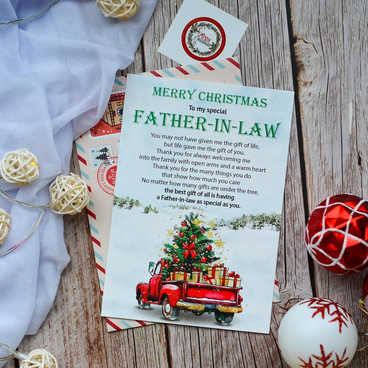 Christmas Card for Father-in-Law from Son-in-Law or Daughter-in-Law – Holiday Greeting with Envelope and Seal