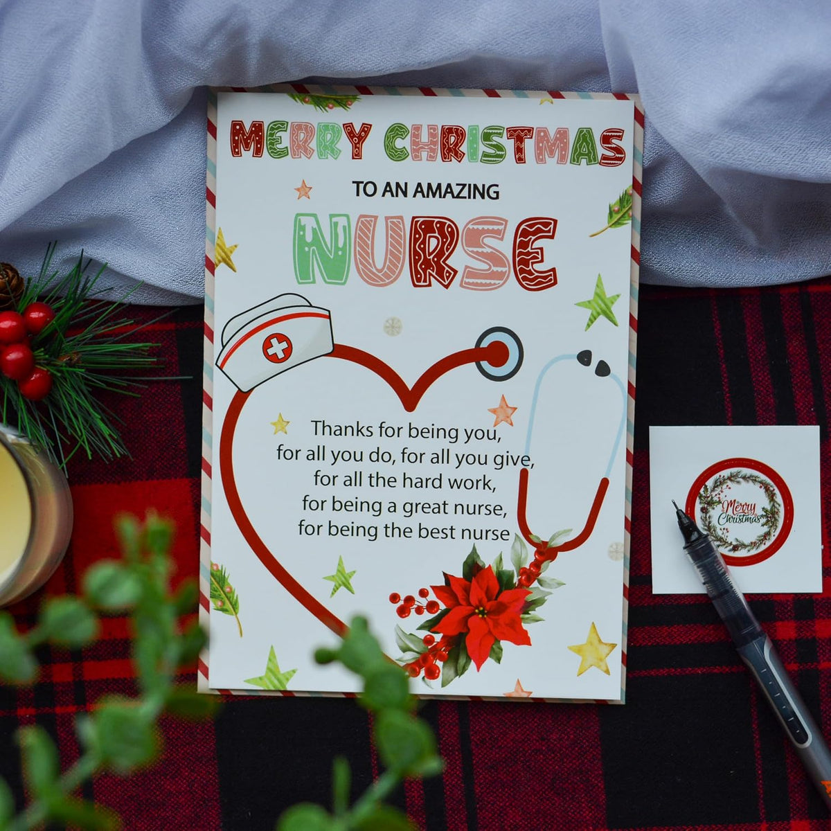 Christmas Thank You Card for Nurse with Envelope and Seal – Holiday Appreciation Greeting