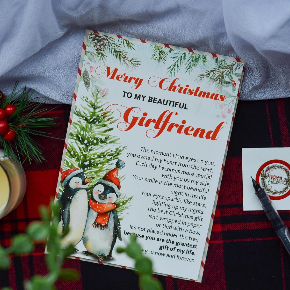 Romantic Christmas Card for Girlfriend from Boyfriend – Holiday Love Greeting with Envelope and Seal