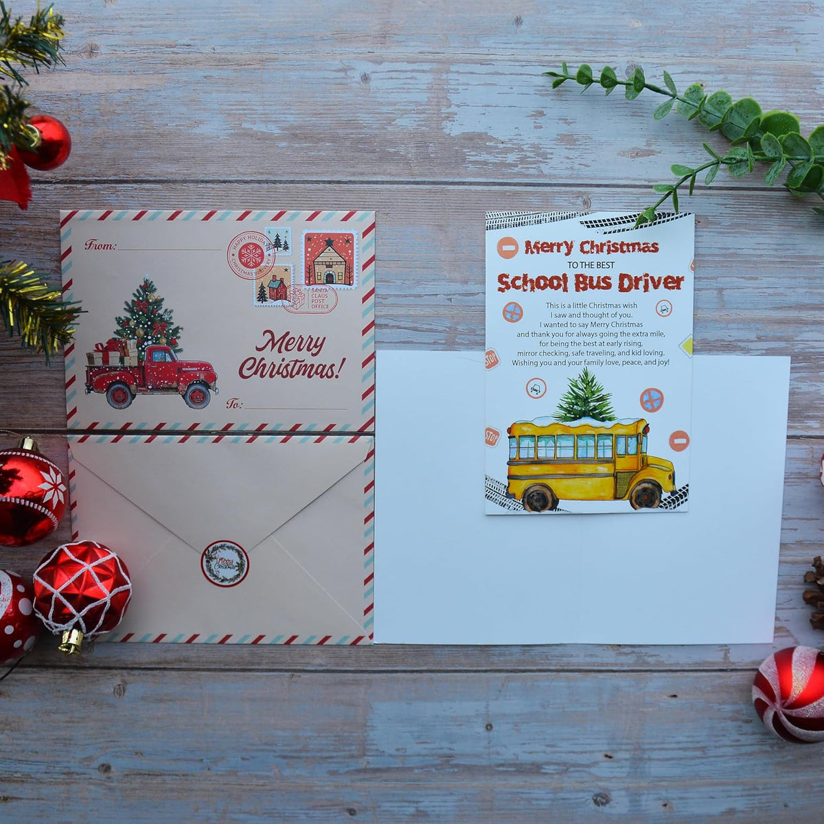 Christmas Thank You Card for School Bus Driver – Holiday Appreciation Greeting with Envelope and Seal