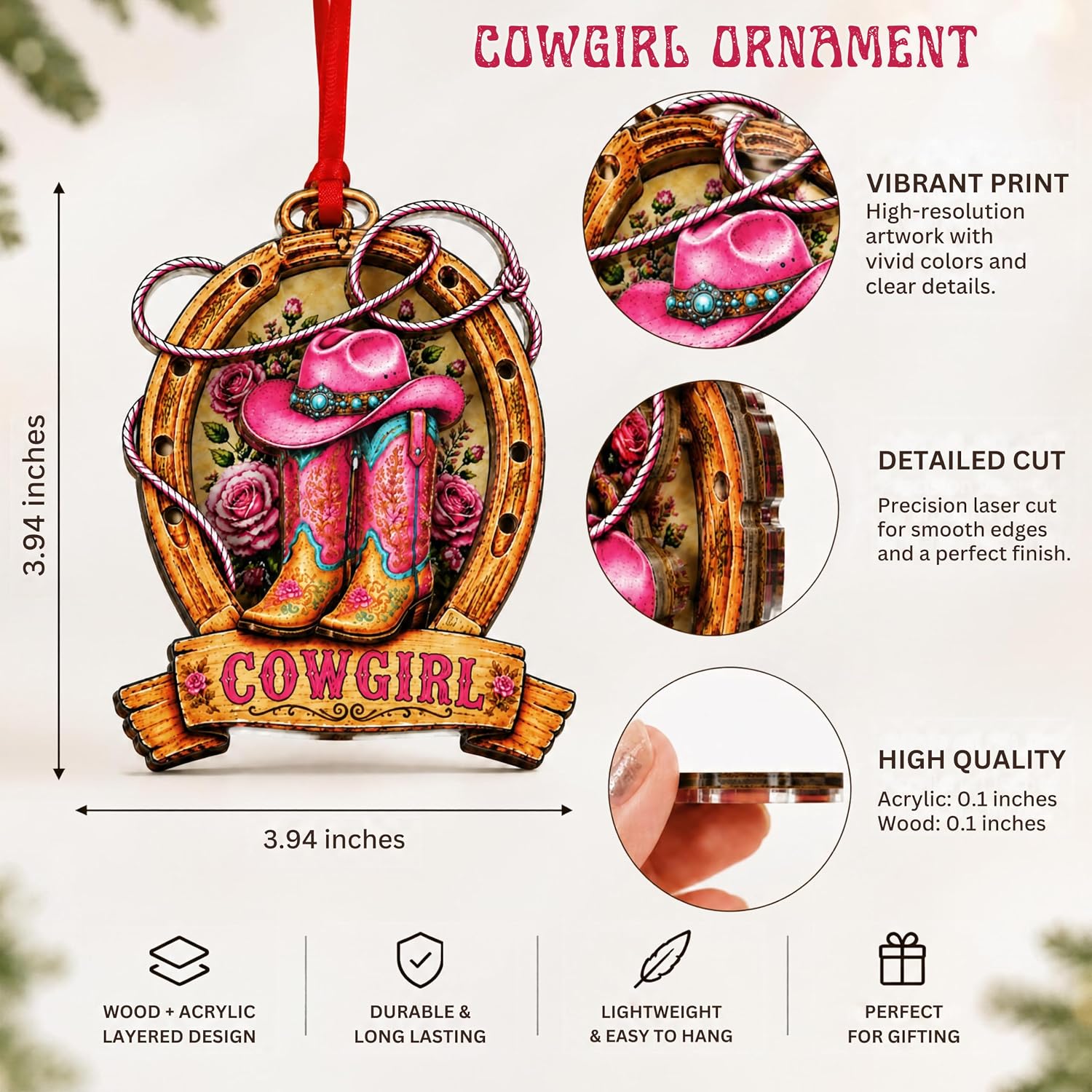 Cowgirl Christmas Ornament 2026, Cowgirl Boot Ornament for Christmas Tree, Cow Girl Ornaments for Christmas Tree