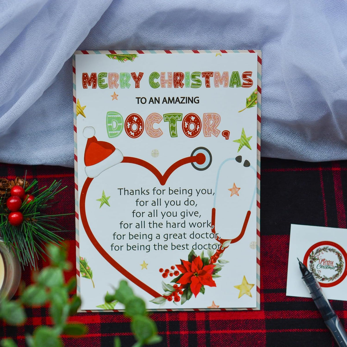 Christmas Thank You Card for Doctor with Envelope and Seal – Holiday Appreciation Greeting
