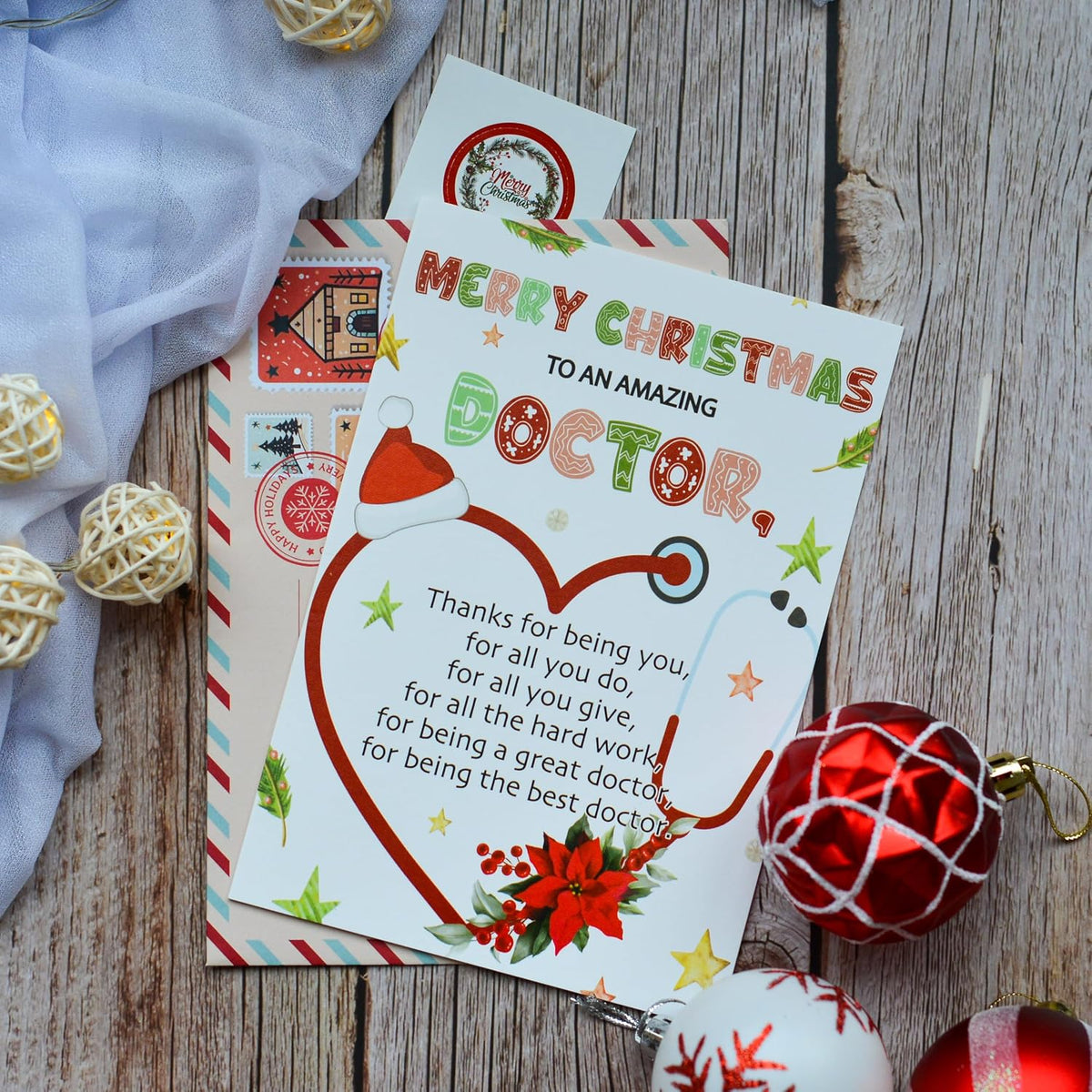 Christmas Thank You Card for Doctor with Envelope and Seal – Holiday Appreciation Greeting