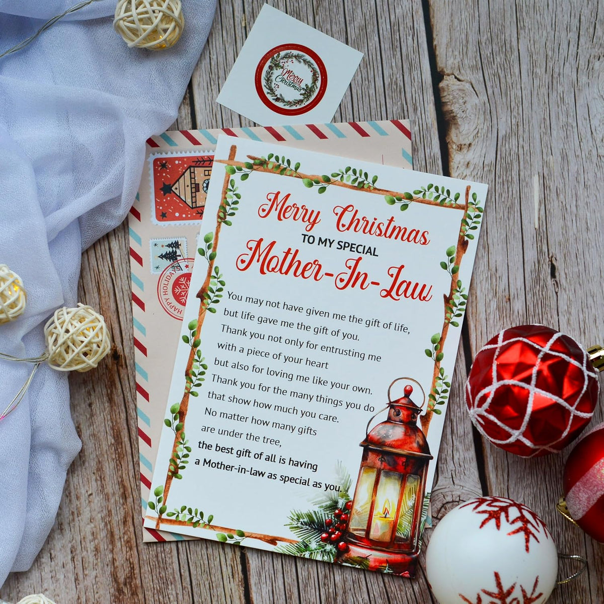 Christmas Card for Mother-in-Law from Son-in-Law or Daughter-in-Law – Holiday Greeting with Envelope and Seal