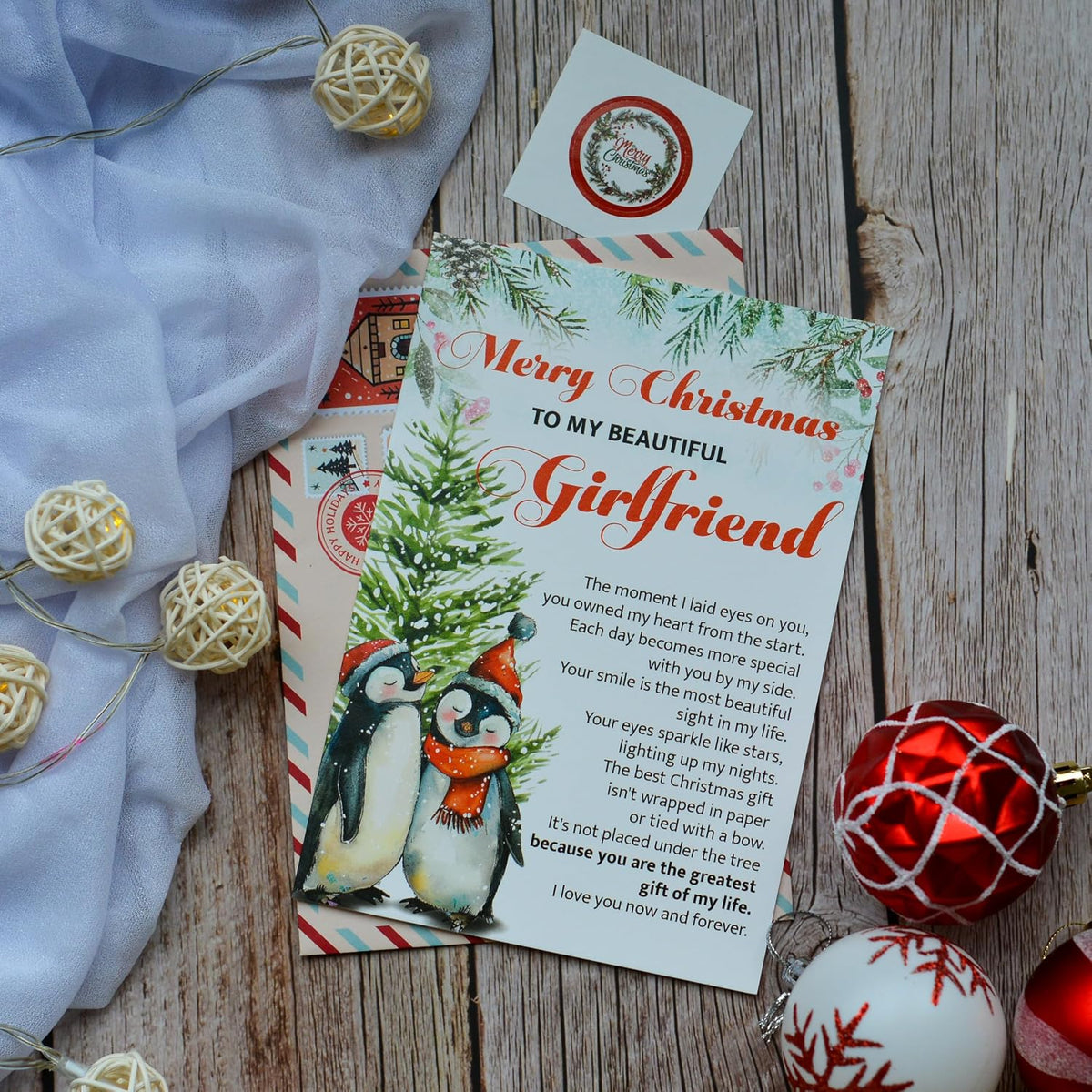 Romantic Christmas Card for Girlfriend from Boyfriend – Holiday Love Greeting with Envelope and Seal