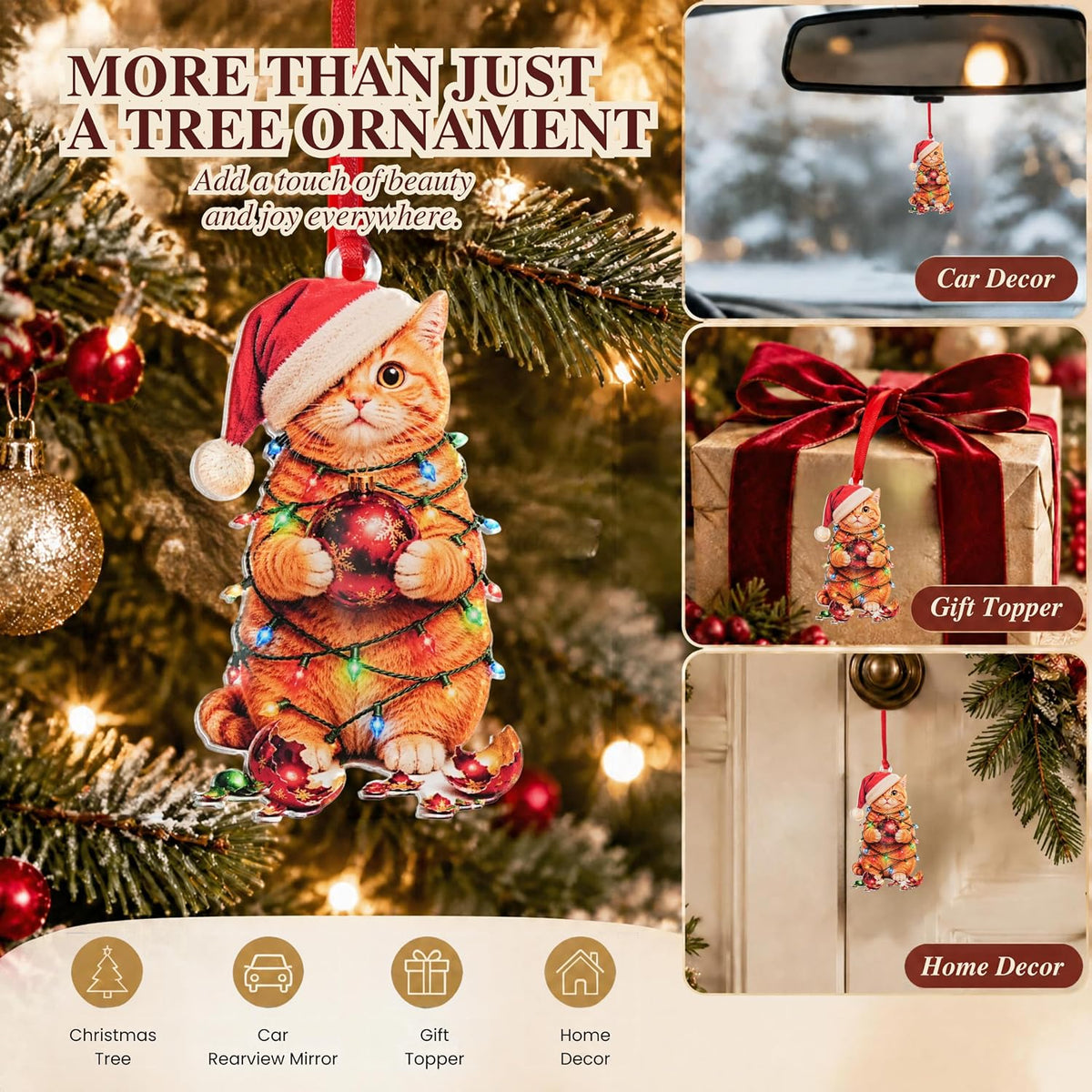 Orange Cat Christmas Ornament 2026, Orange Cat Christmas Ornament for Christmas Tree, Acrylic Christmas Decoration