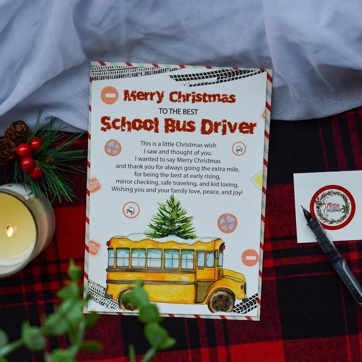 Christmas Thank You Card for School Bus Driver – Holiday Appreciation Greeting with Envelope and Seal