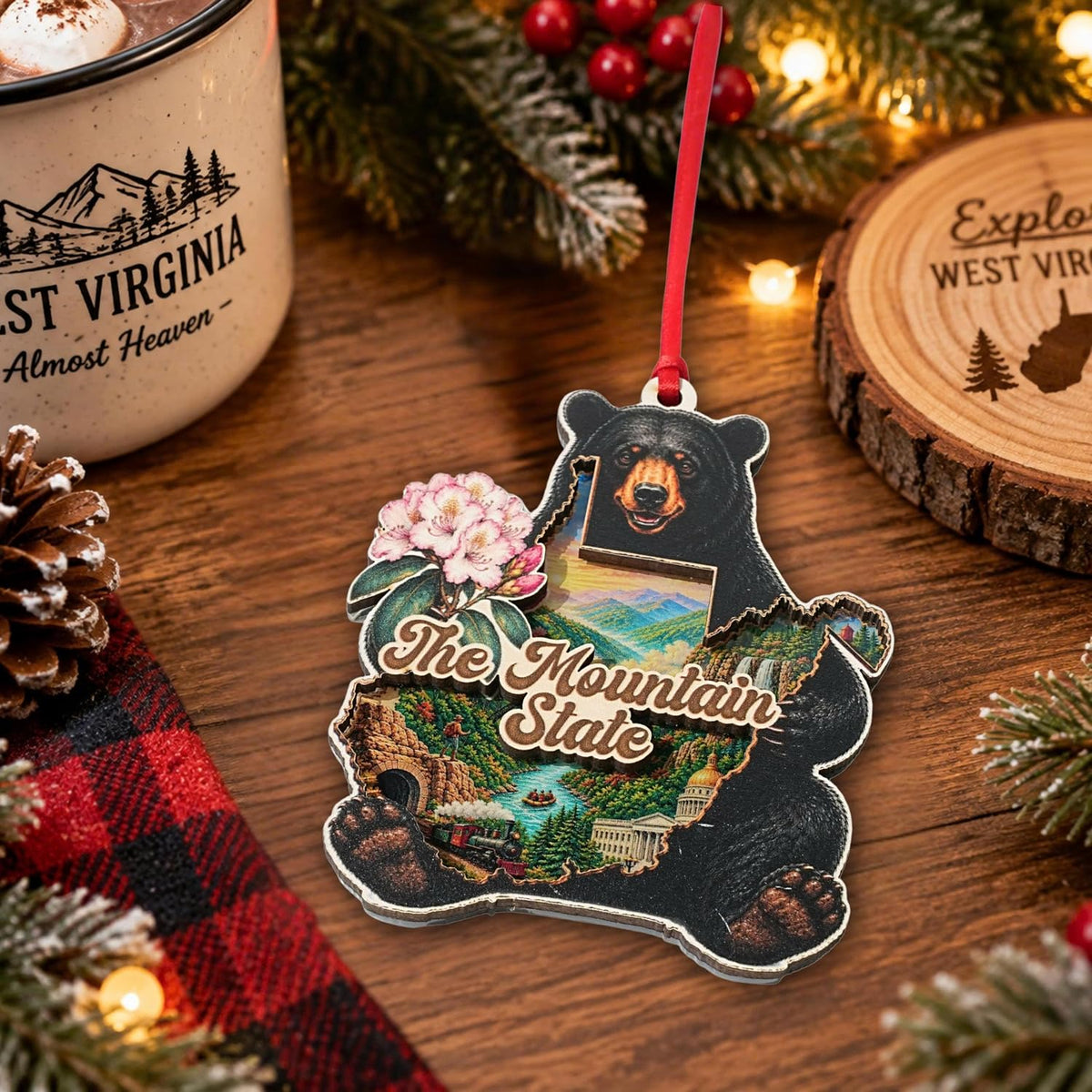 West Virginia Christmas Ornament 2026, Bear State Flag Ornament for Christmas Tree, Souvenir Gift, Wood & Acrylic Gift