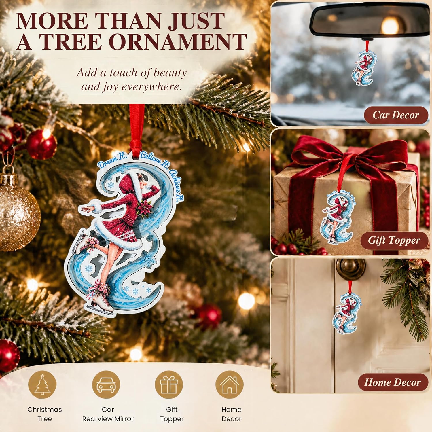 Ice Skate Christmas Ornament 2026, Ice Skating Ornament for Christmas Tree, Skater Gifts, Wood Acrylic Decor