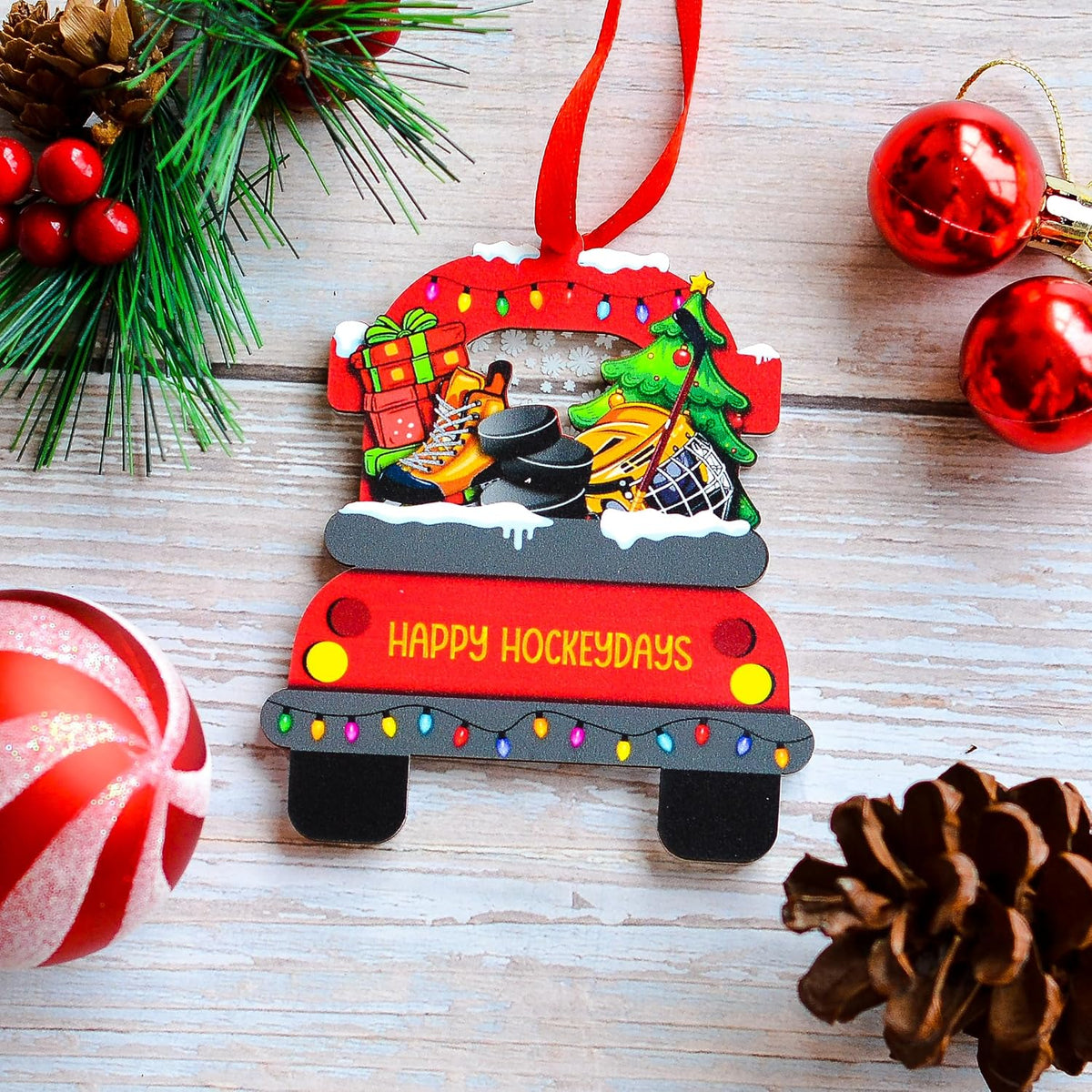 Hockey Christmas Ornament for Lovers, Fans, Players, Team - Skates, Helmet and Stick Keepsake Hanging Xmas Tree Decor