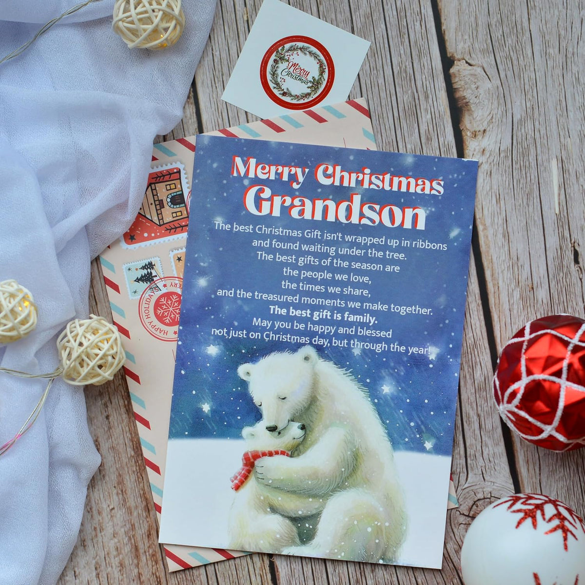 Christmas Card for Grandson from Grandma or Grandpa – Holiday Greeting with Envelope and Seal