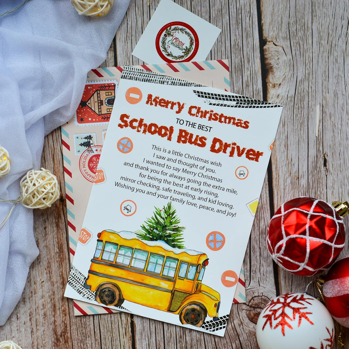 Christmas Thank You Card for School Bus Driver – Holiday Appreciation Greeting with Envelope and Seal