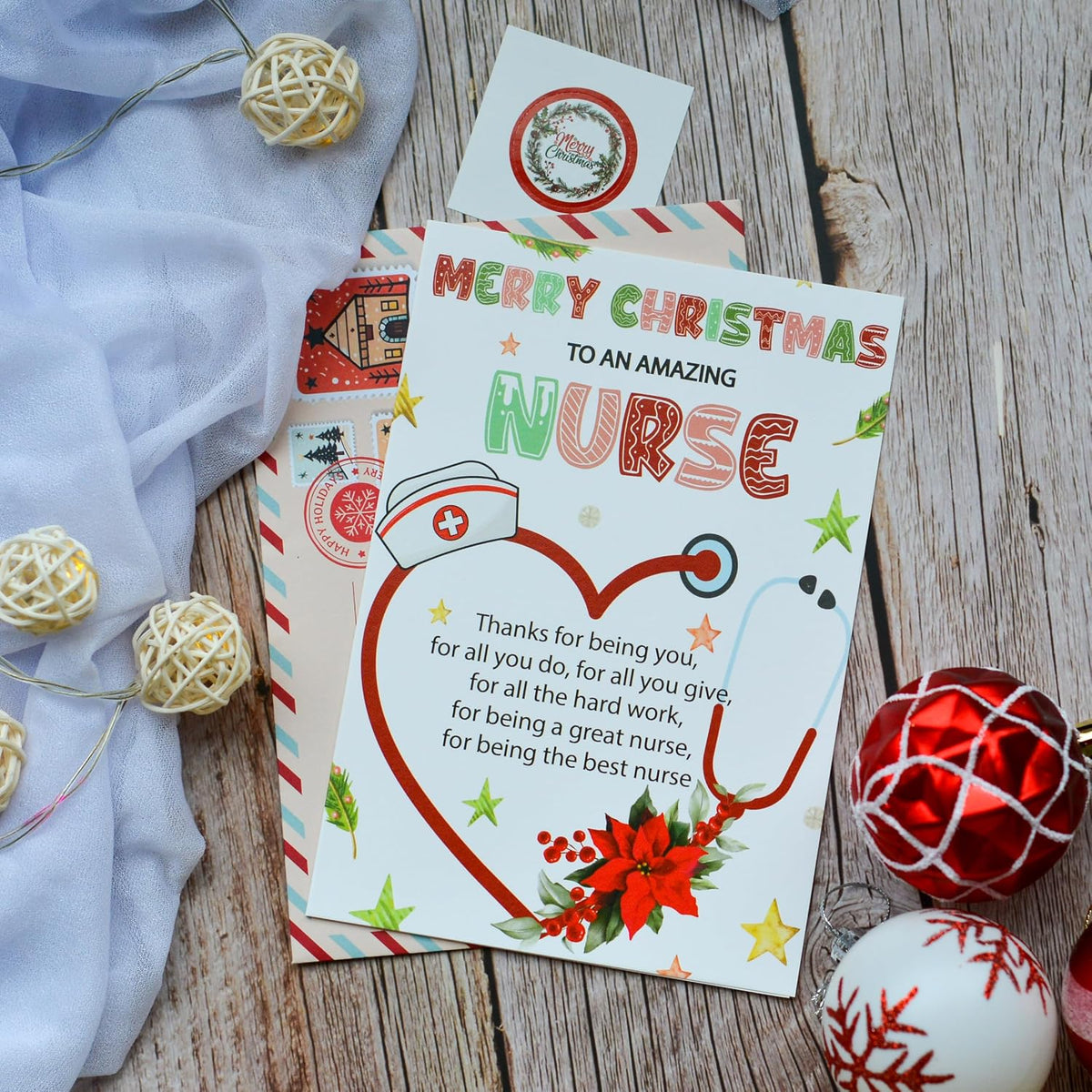 Christmas Thank You Card for Nurse with Envelope and Seal – Holiday Appreciation Greeting