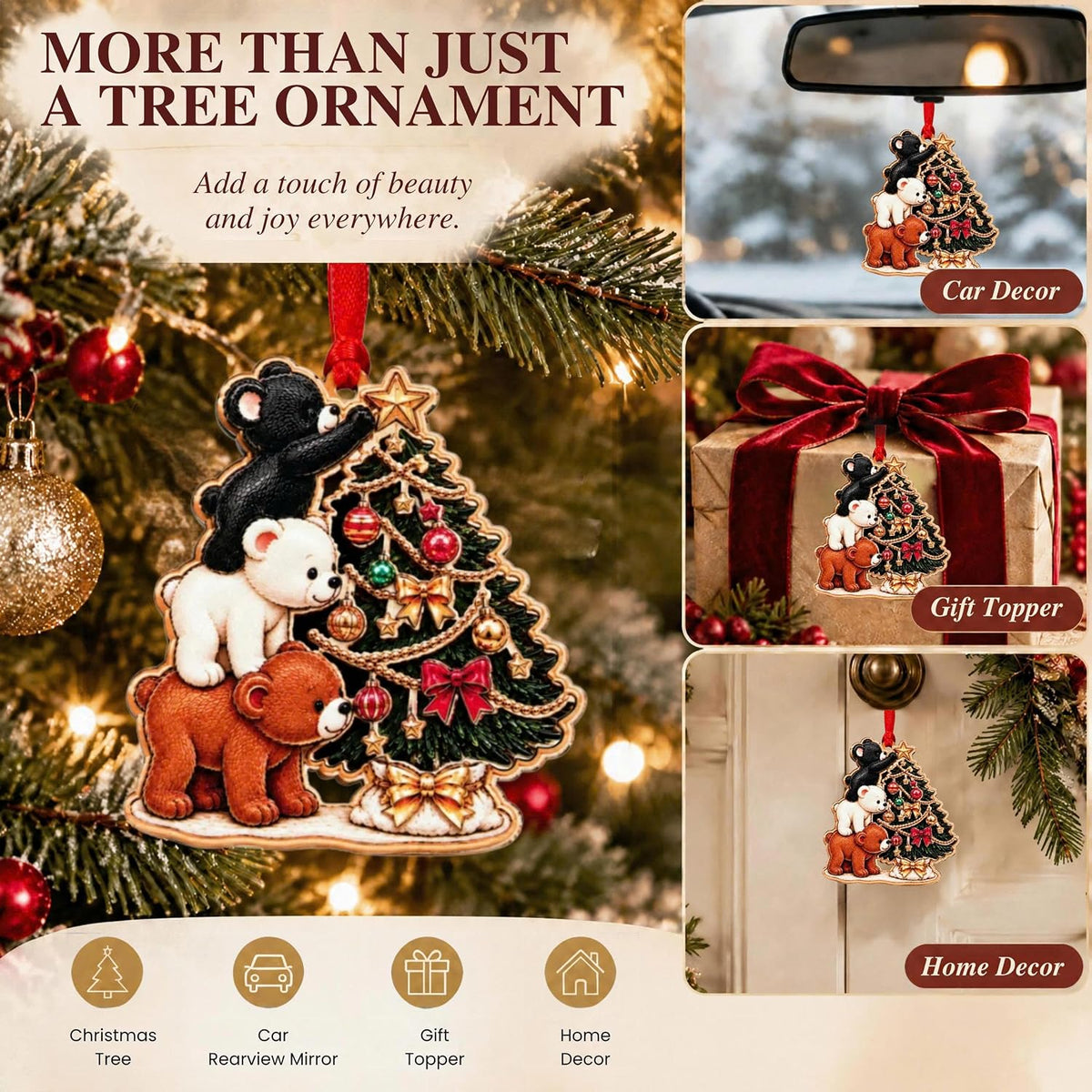 Bear Christmas Ornament 2026, Bear Ornaments for Christmas Tree, Cute Black Polar Brown Bears Ornament