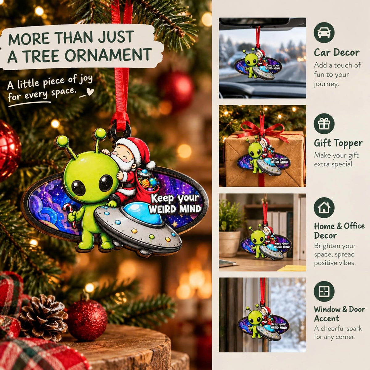Alien Christmas Ornament 2026, Alien Ornaments for Christmas Tree, UFO Ornament Decor, 2-Layer Wood Acrylic