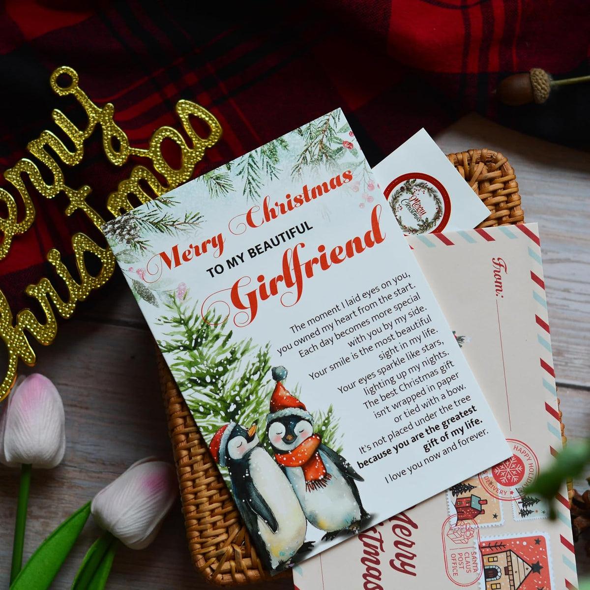Romantic Christmas Card for Girlfriend from Boyfriend – Holiday Love Greeting with Envelope and Seal