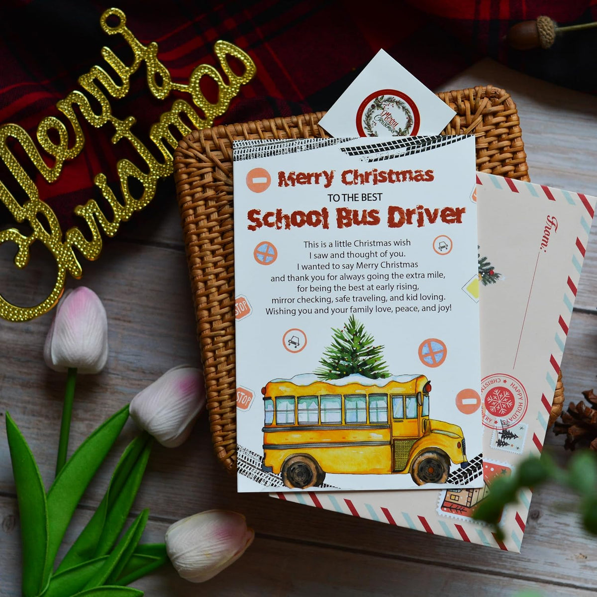 Christmas Thank You Card for School Bus Driver – Holiday Appreciation Greeting with Envelope and Seal