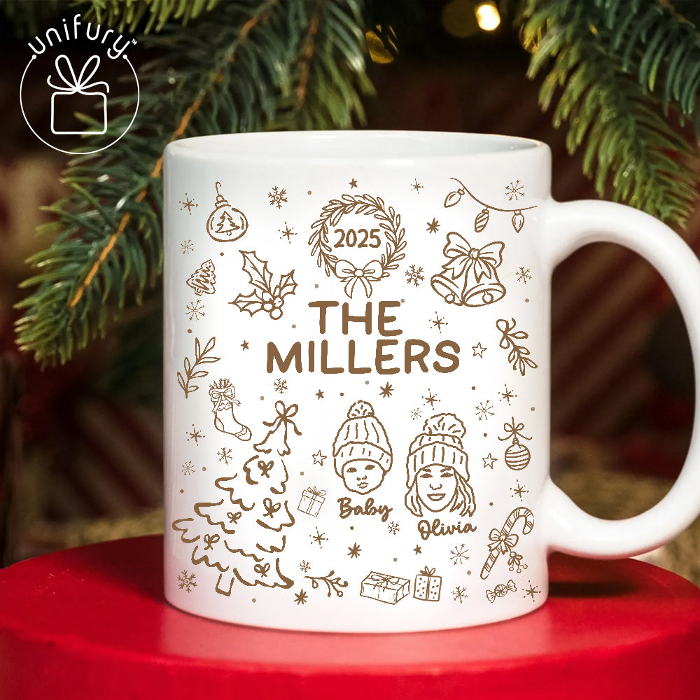 Custom Lineart Drawing Family Pet Portrait Ceramic Edge-to-Edge Mug - Christmas Mug For Family - Christmas Gift For Family