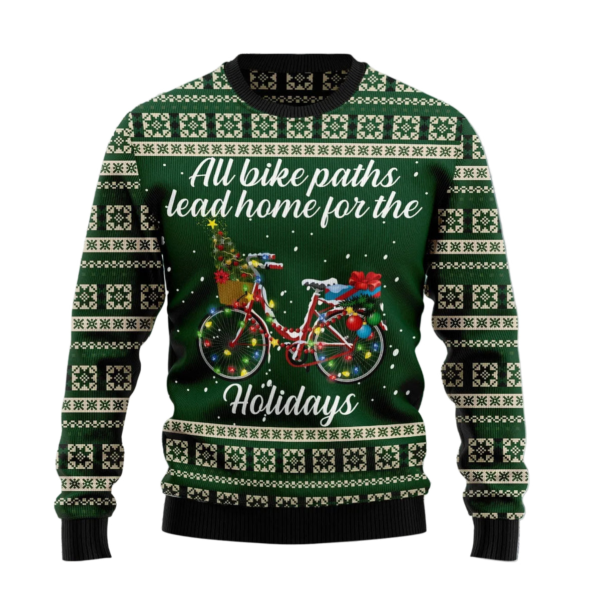 All Bike Paths Lead Home for the Holiday Ugly Christmas Sweater, Unisex Holiday Party Outfit for Cycling Enthusiasts