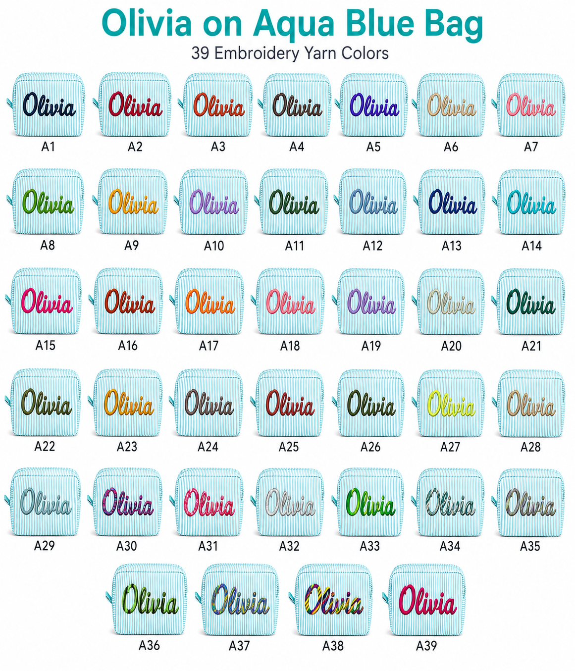 Light blue personalized seersucker makeup bag with custom embroidery thread color options