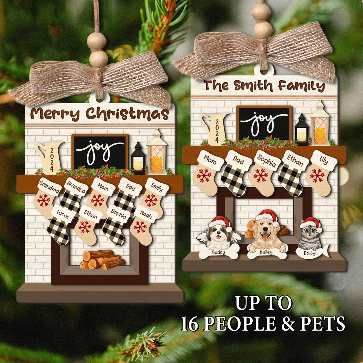 Family Christmas with Pet Dog Cat Fireplace Wooden Ornament