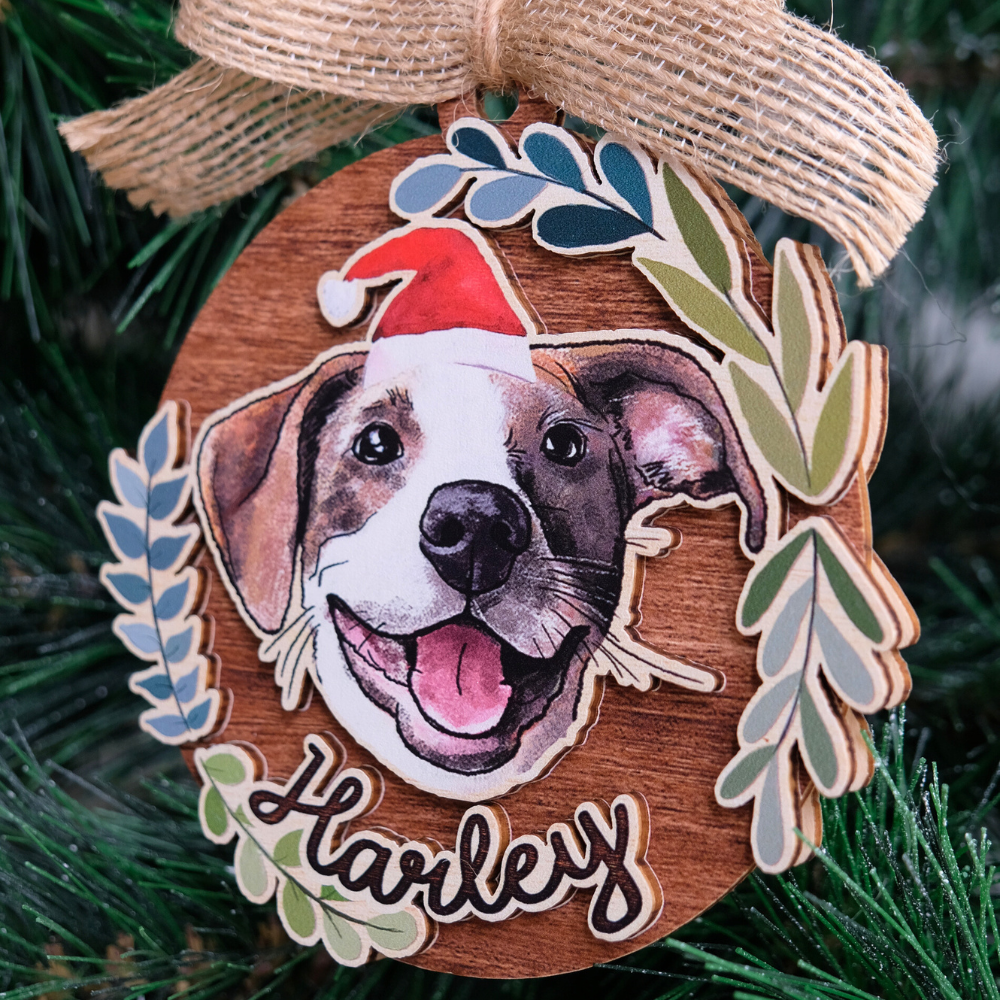 Custom Pet Flower Portrait Wooden Ornament - Gifts For Christmas, Dog Cat Lovers