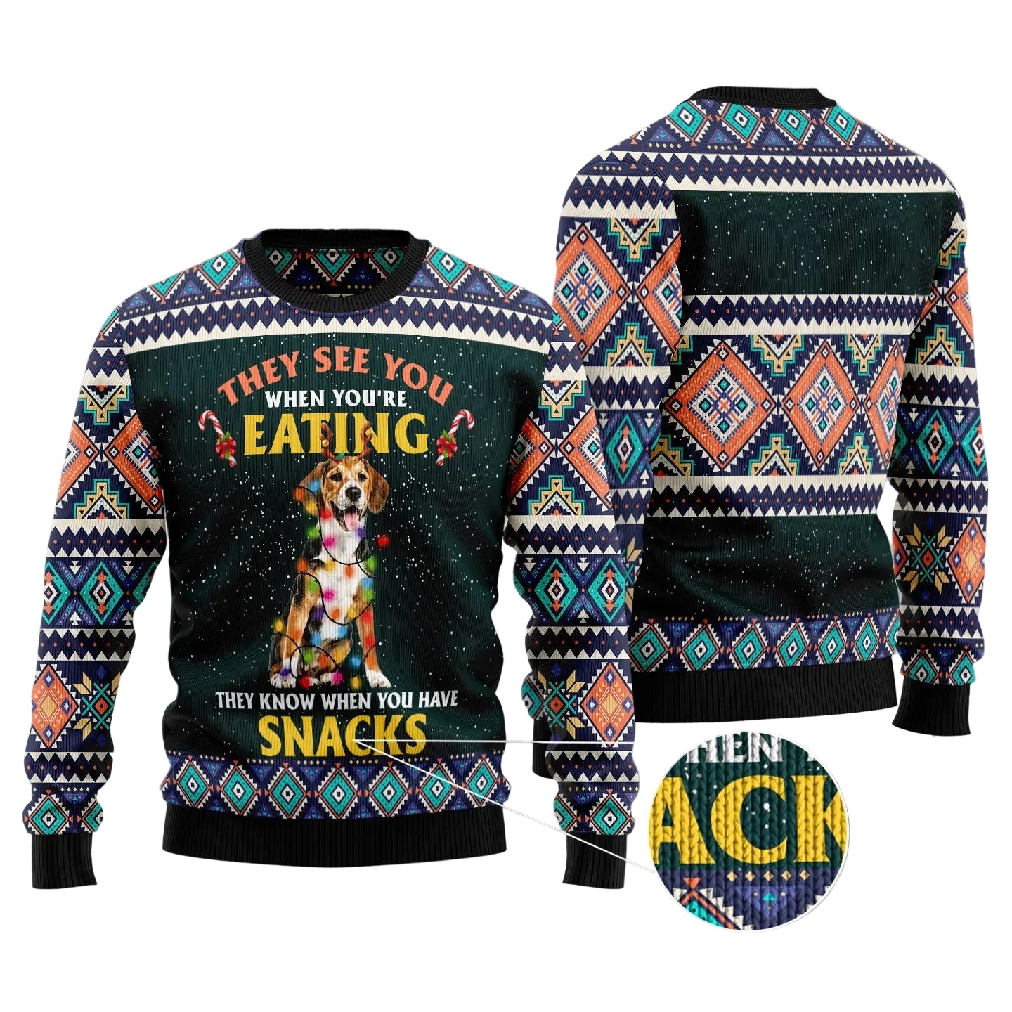Beagle Snack Ugly Christmas Sweater, Funny Dog Lover Holiday Party Outfit for Men and Women, Dog Mom and Dad Gift