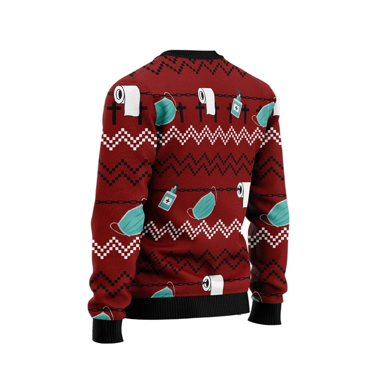 A red Christmas sweater with a holiday-themed novelty print featuring toilet paper rolls, medical masks, hand sanitizer bottles, and a shark on a chain, shown from the back against a snowy winter background.